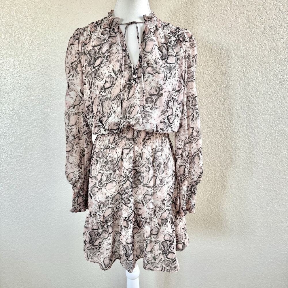 Boston Proper Size XS Pink & Grey Snake Print Tie Neck Dress Long Puffy Sleeves